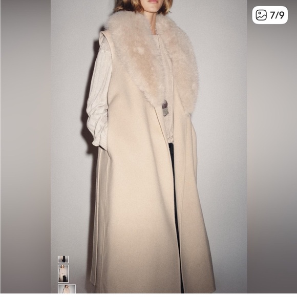 Zara Beige Long Vest with Faux Fur Trim - Picture 7 of 9